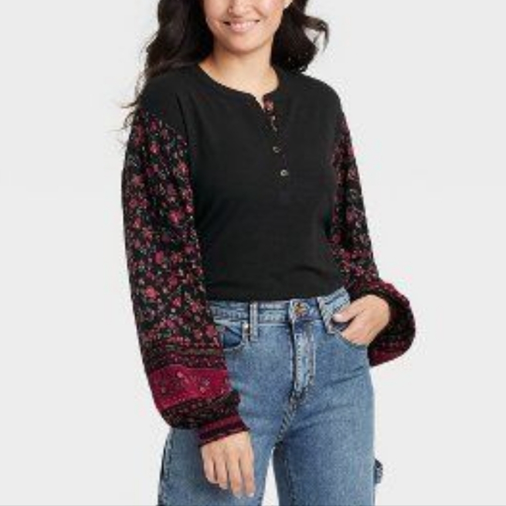 Knox Rose Henley Neck black blouse